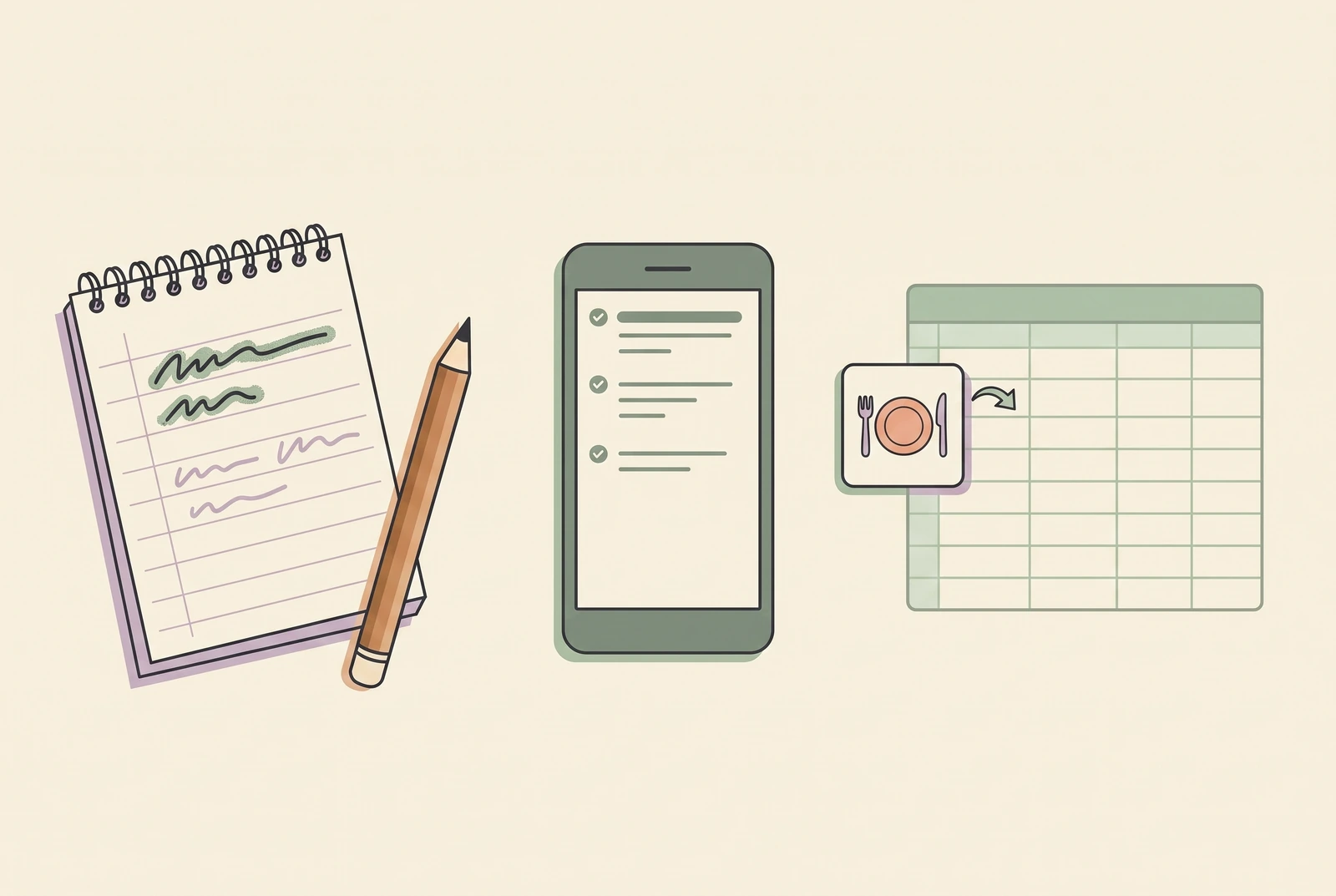 Grocery List Template Formats at a Glance: paper list, phone note and plan-linked spreadsheet compared